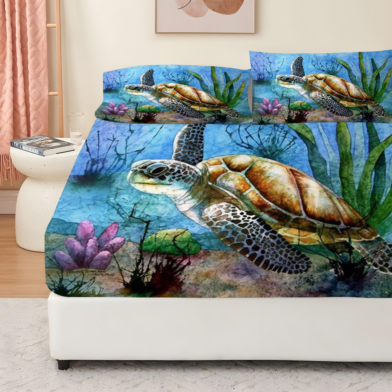 Amazon｜ボックスシーツ シングル 亀のイラスト ベッドカバー